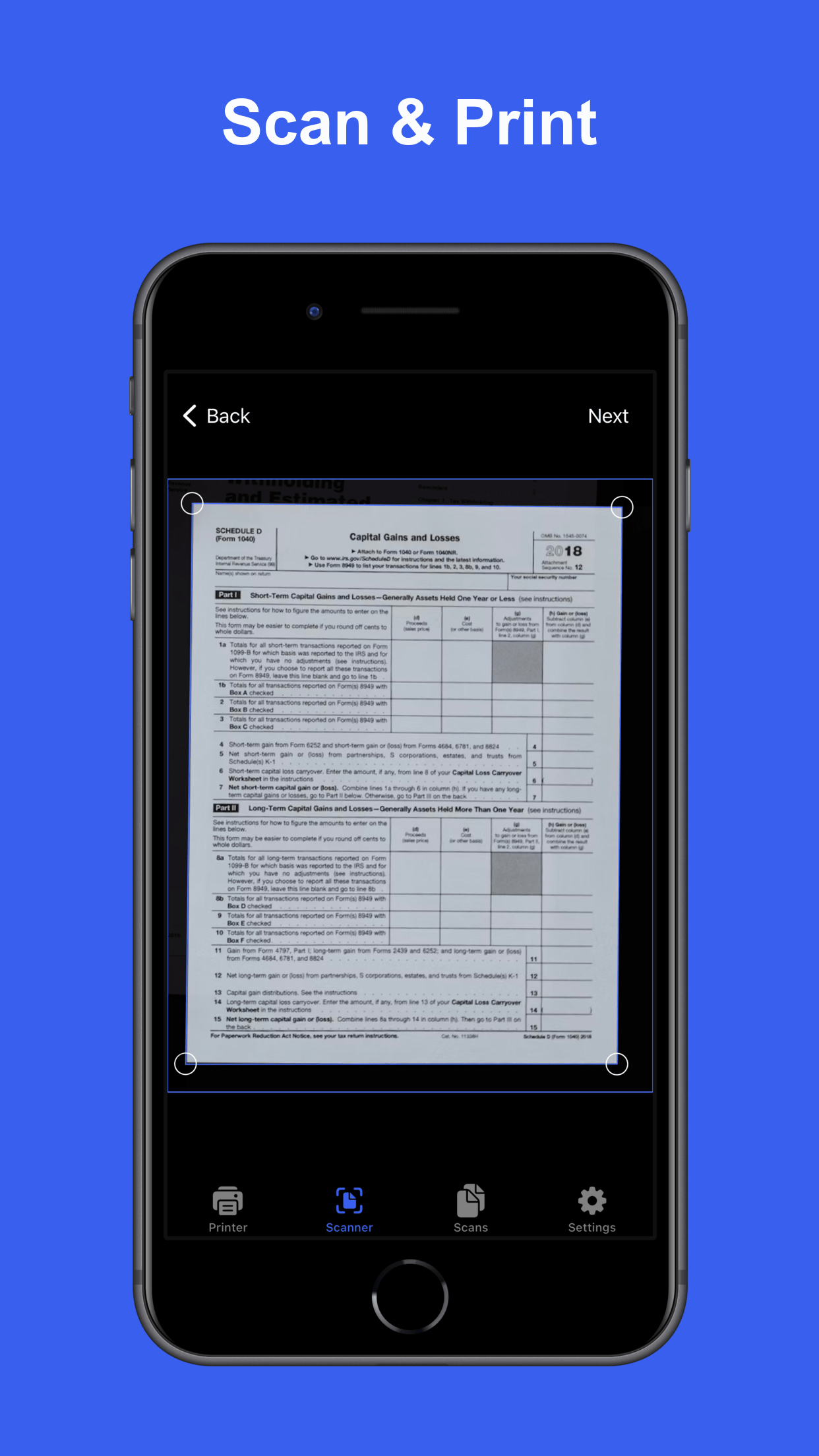 Printer Connect app scanning a document